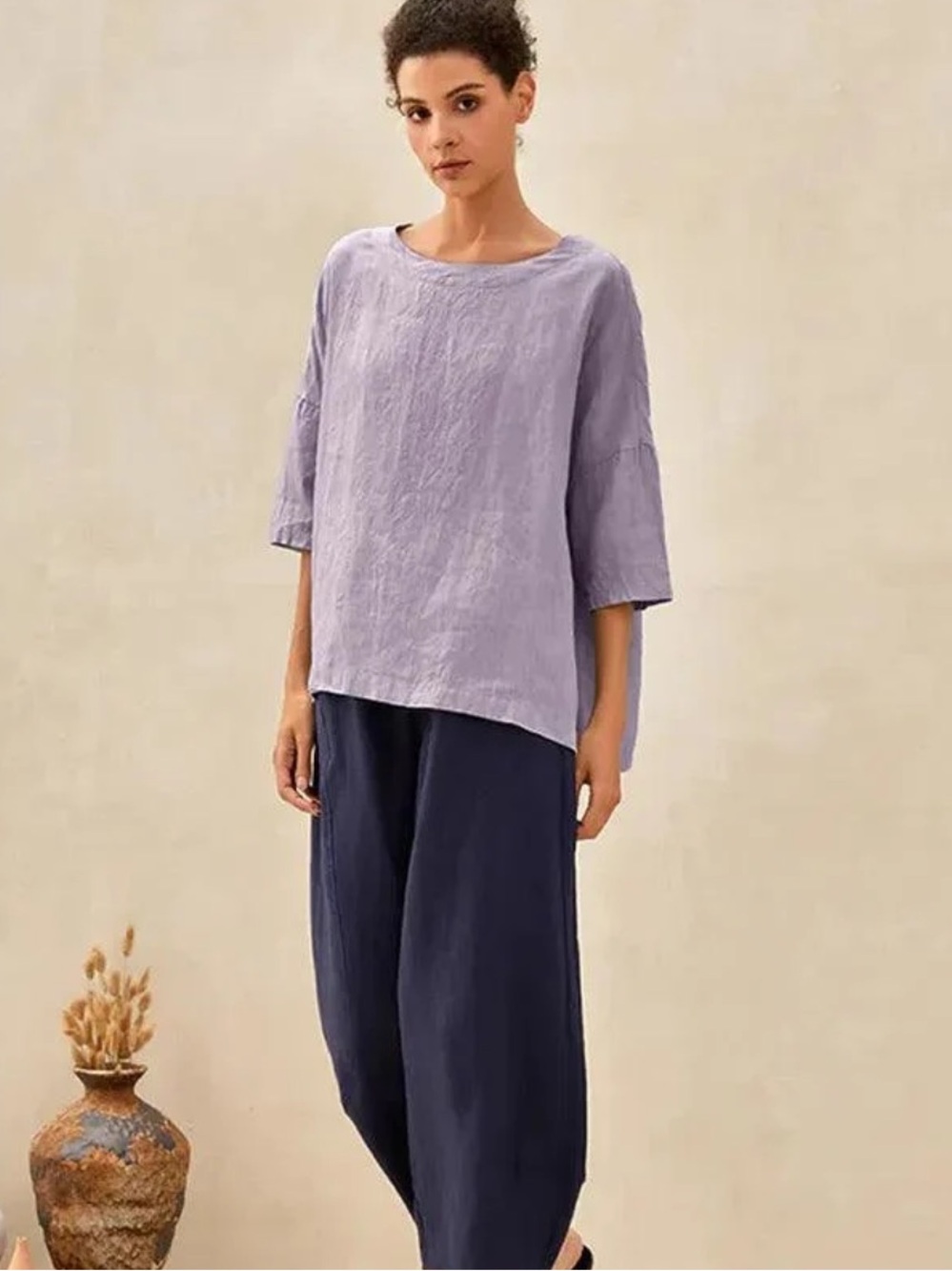 Lintico Aurora 100% Linen Boatneck 3/4 Length Sleeve Top Size Large